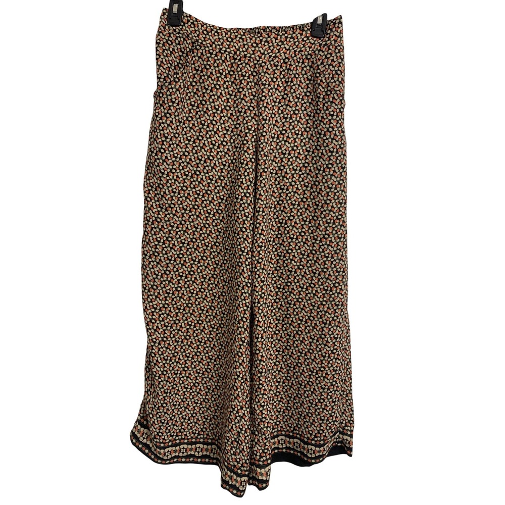 Max Studio Floral Wide Leg Cropped Boho Pants Black Coral Border‎ Hem Small